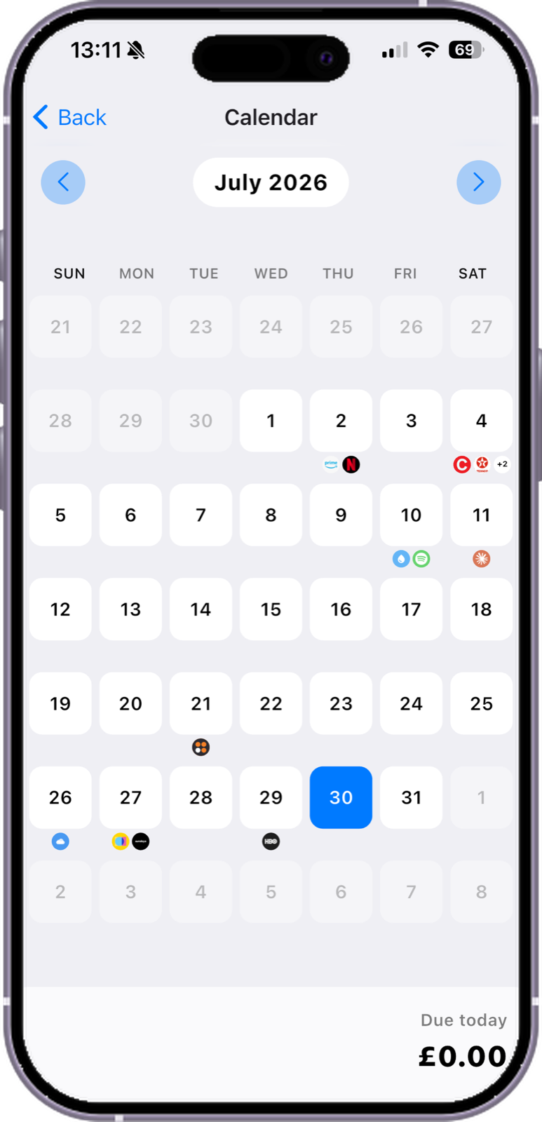 Renewals shown on the calendar view