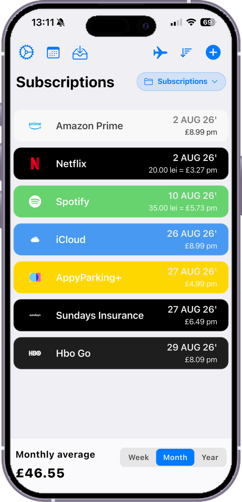 Subscriptions Manager home screen